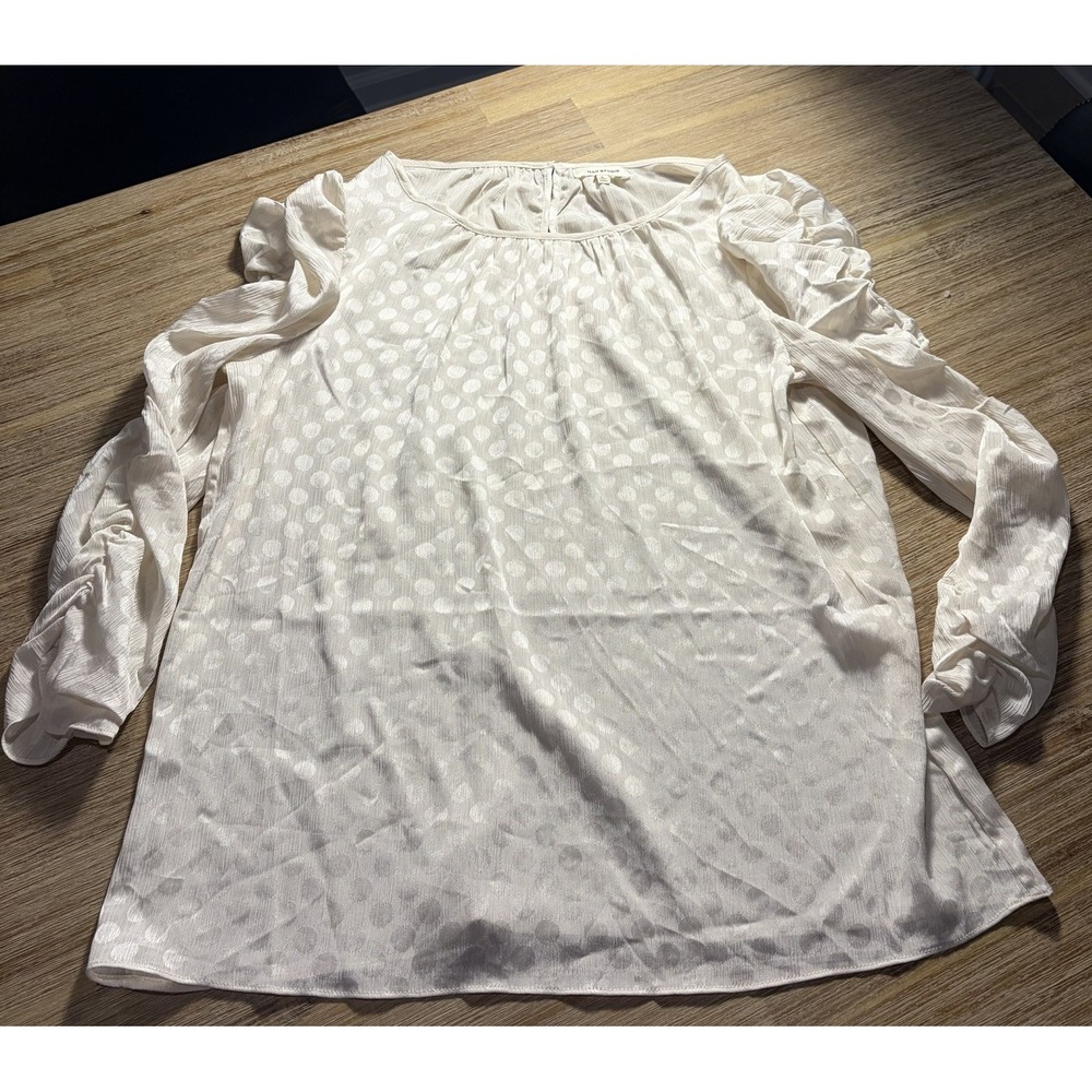 Max Studio Cream Long Ruched Sleeve Polka Dot Blouse Size Large